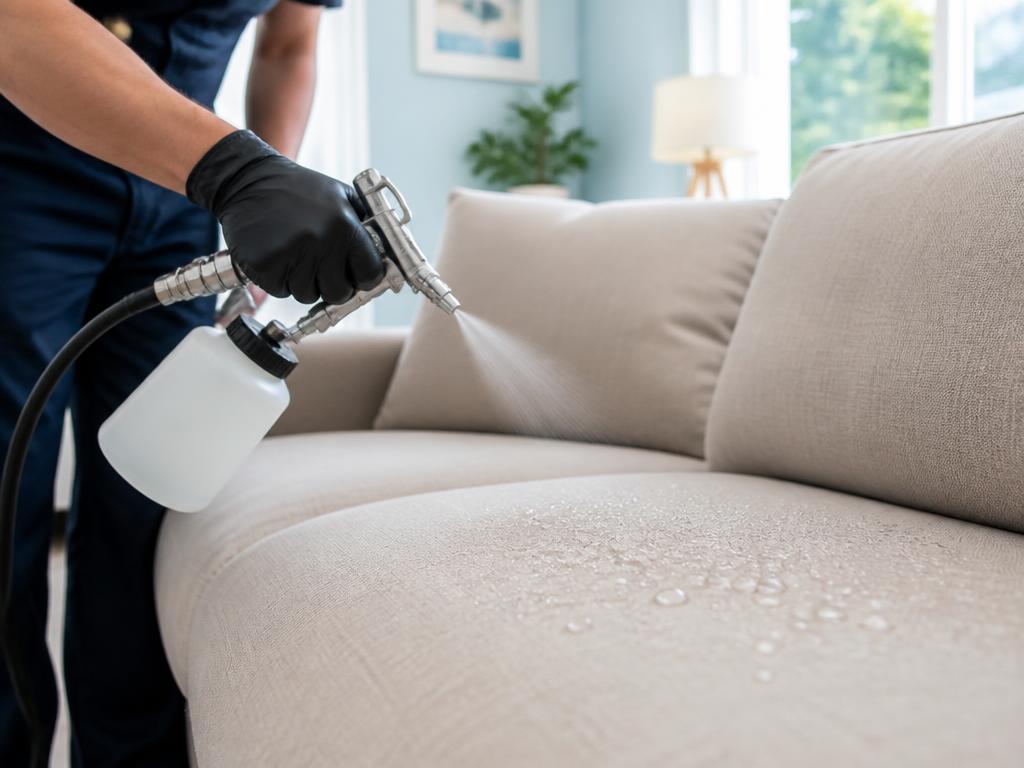 Profissional aplicando impermeabilizante em sofá bege com gotas de água escorrendo do tecido