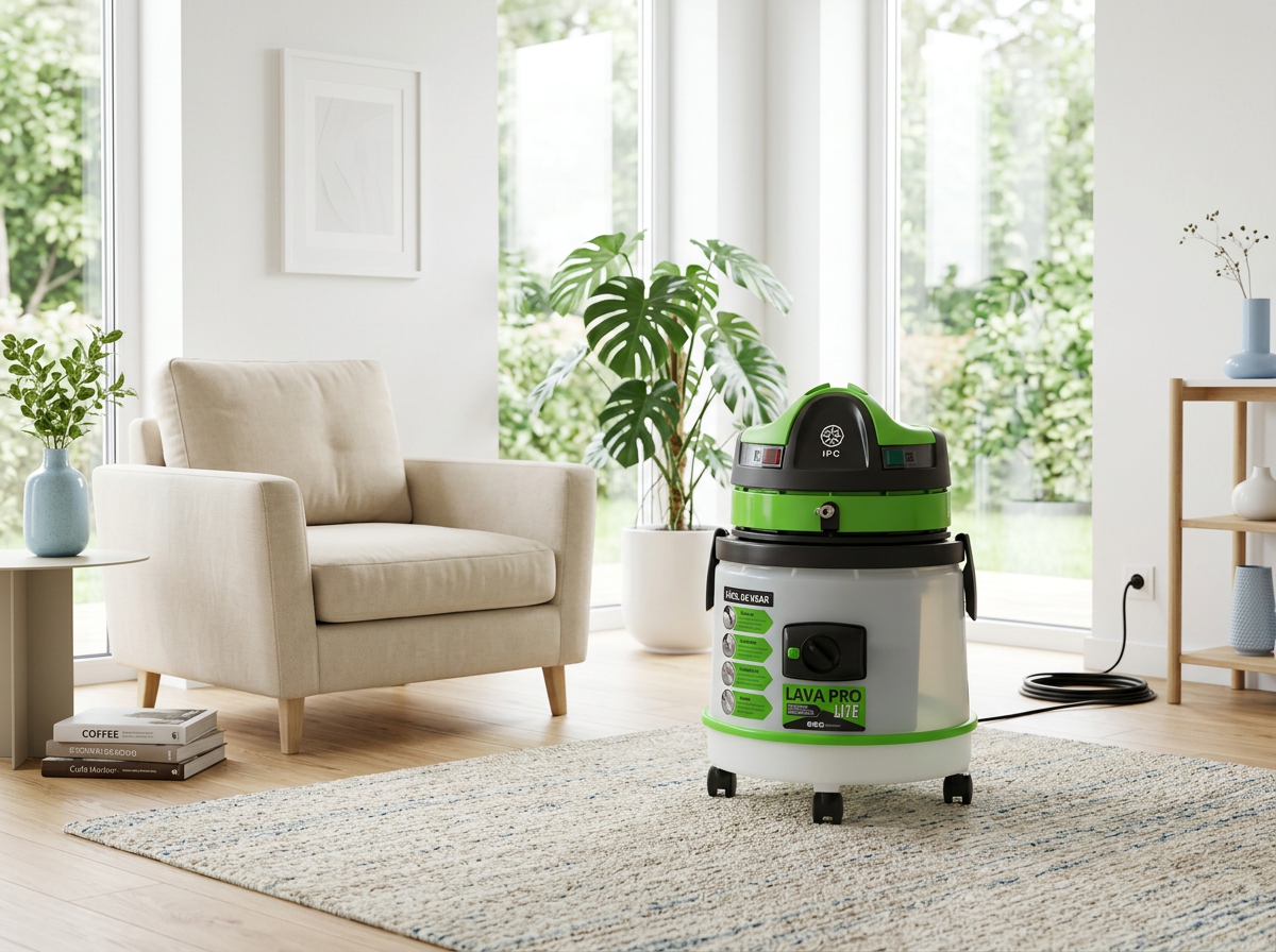 Sala clean com poltrona bege, tapete e extratora profissional Lava Pro